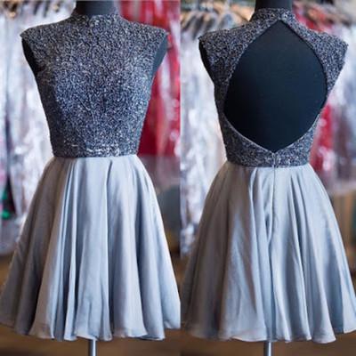 A-Line Open Back High Neck Beads Homecoming Dress For Teens WK333