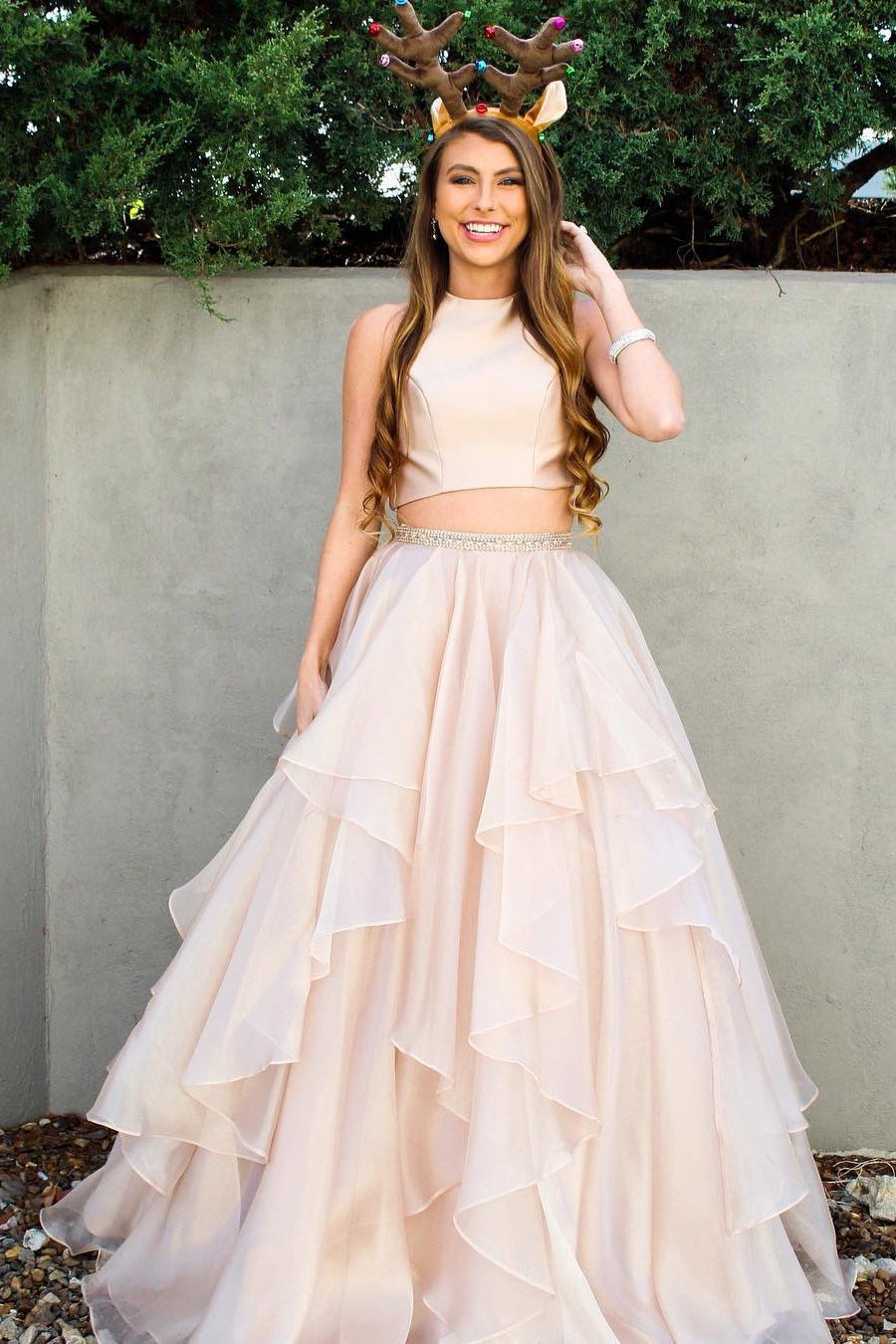Two Piece A-line High Neck Beads Organza Long Sparkly Chic Evening Prom Dresses WK474