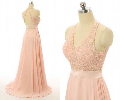 Peach Lace Backless Sexy Cheap V-Neck Halter Sleeveless A-Line Open Back Prom Dresses WK33
