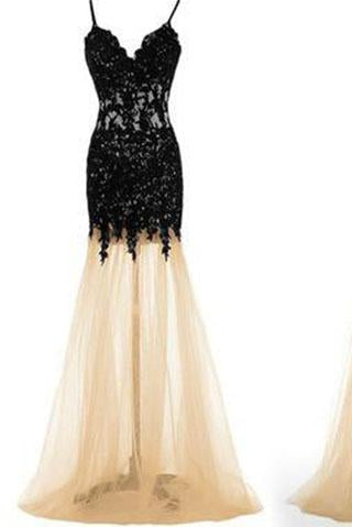 Black Lace Mermaid Unique Sweetheart Spaghetti Straps Tulle Sexy Prom Dresses WK988