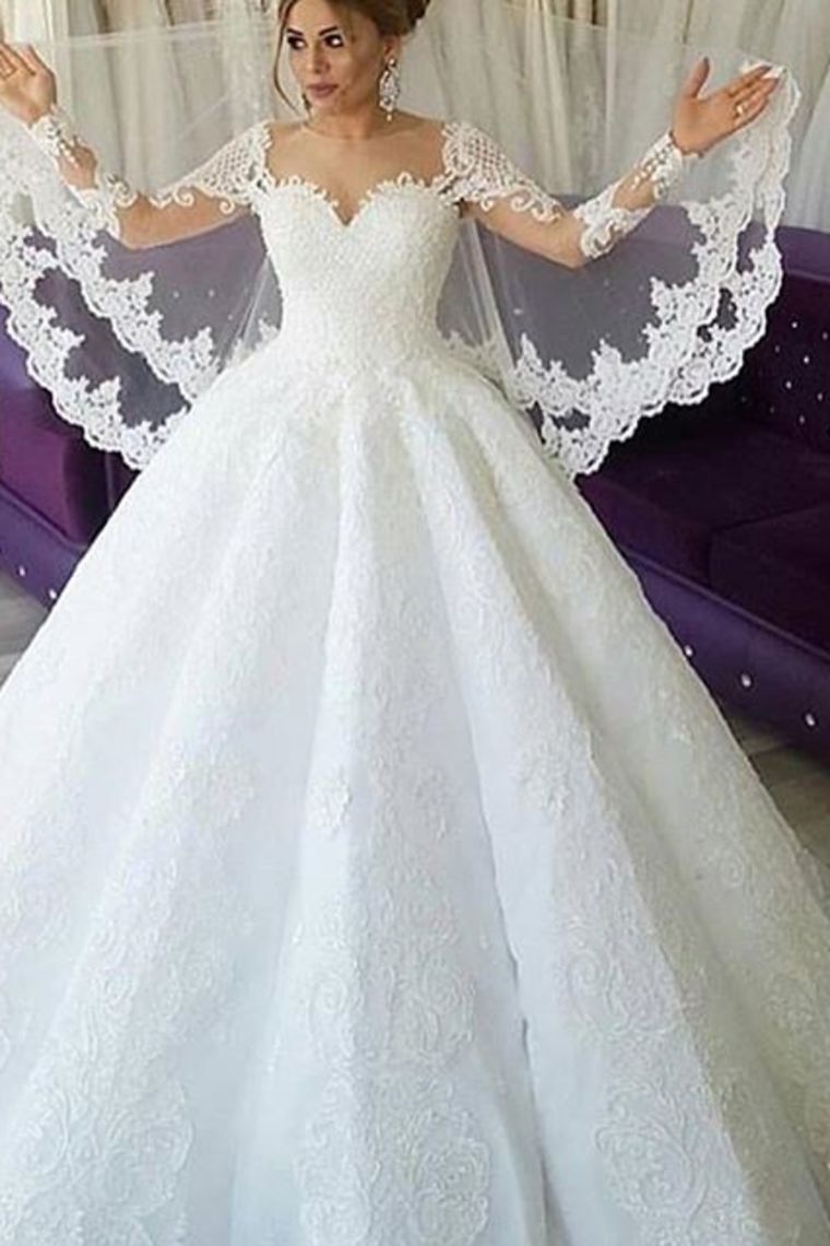 New Arrival Long Sleeves Satin Wedding Dresses Scoop Neck With Appliques