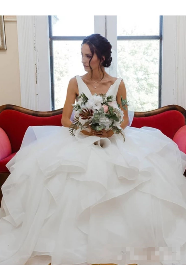 V Neck Organza Ball Gown Wedding Dress With Ruffles Beadings Sash Bridal Dress