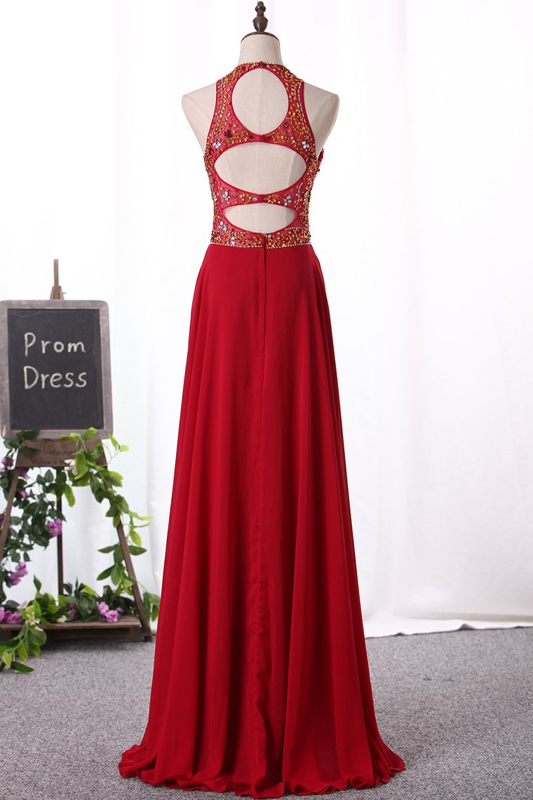 A Line Scoop Prom Dresses Chiffon With Beaded Bodice Floor Length