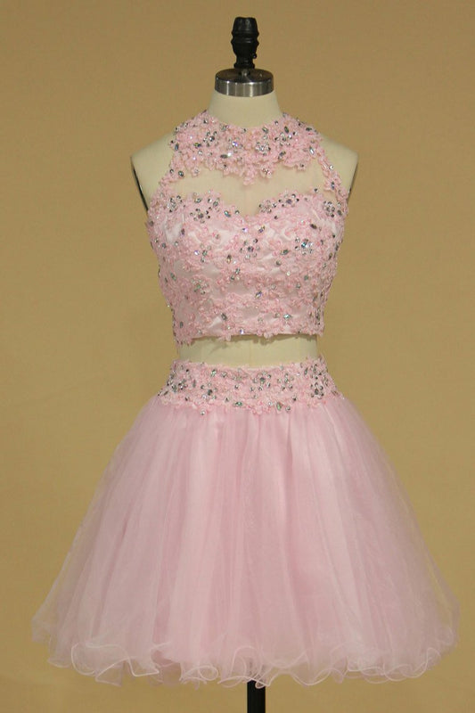 Two-Piece A Line Halter Tulle With Applique Short/Mini Homecoming Dresses