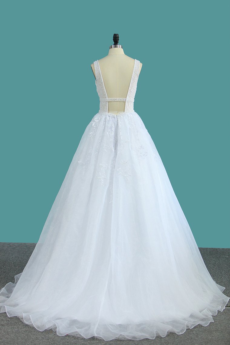 Organza V Neck A Line Wedding Dresses With Applique And Beads Open Back