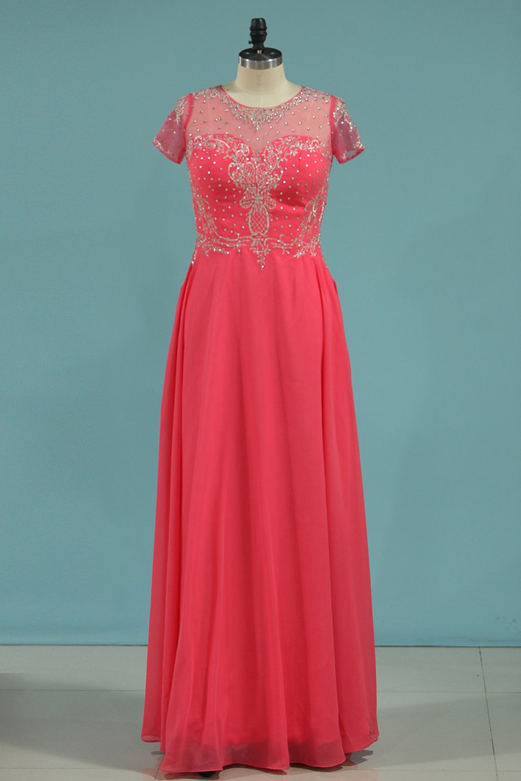 Chiffon Scoop Short Sleeves Evening Dresses A Line With Embroidery