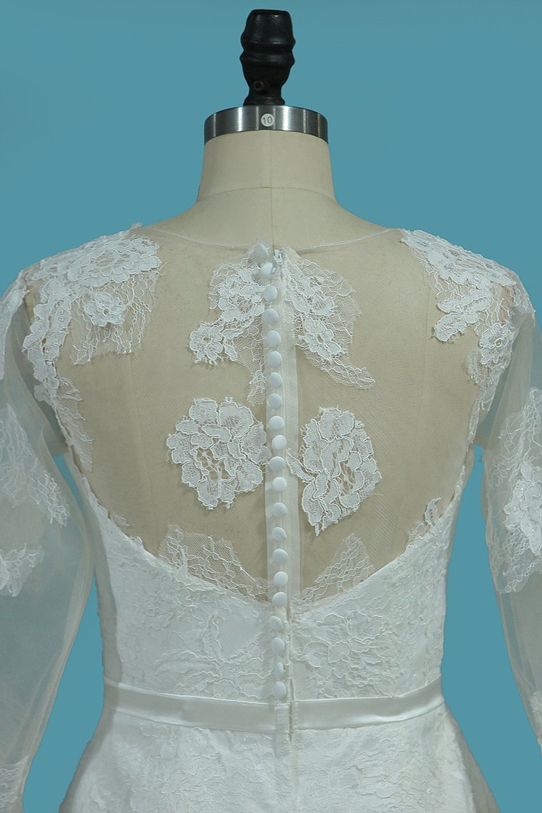 V Neck 3/4 Length Sleeves Chiffon Wedding Dresses With Applique A Line