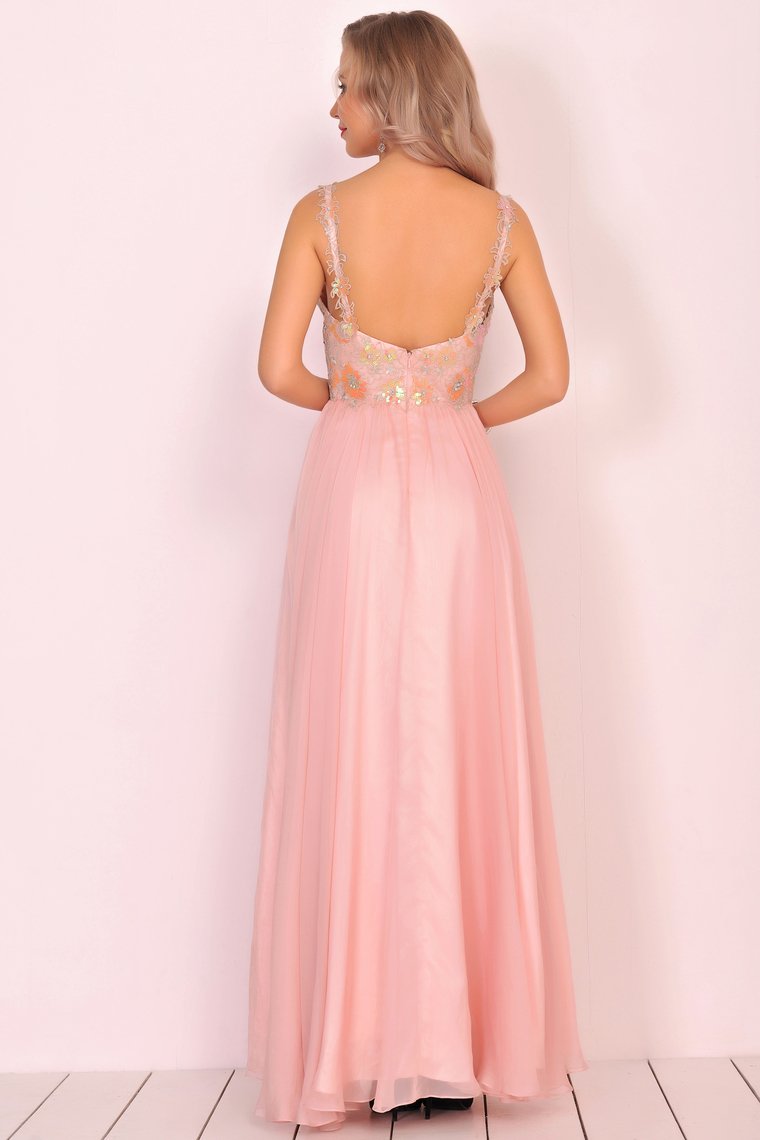 A Line Spaghetti Straps Prom Dresses Chiffon With Beads And Applique