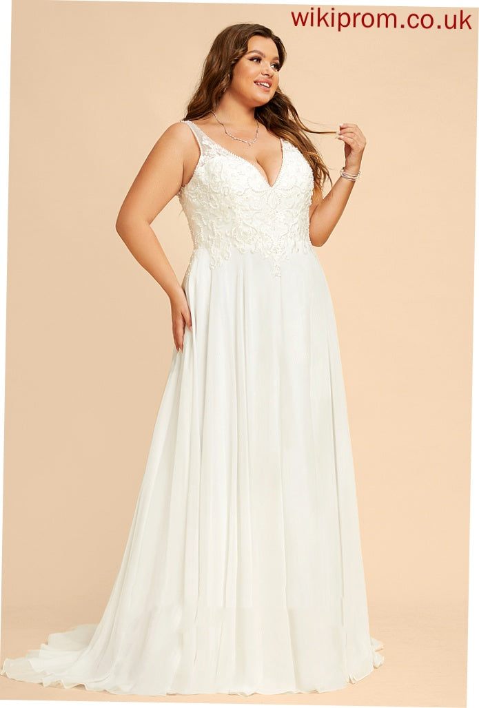 Chiffon Split Train With Wedding Dresses Beading Sweep Cierra A-Line Sequins Wedding Front Dress V-neck Lace