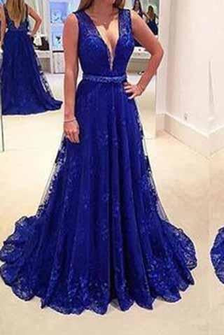 Elegant Royal Blue Lace Backless V-Neck Sleeveless A-Line Long Sexy Prom Dresses WK949