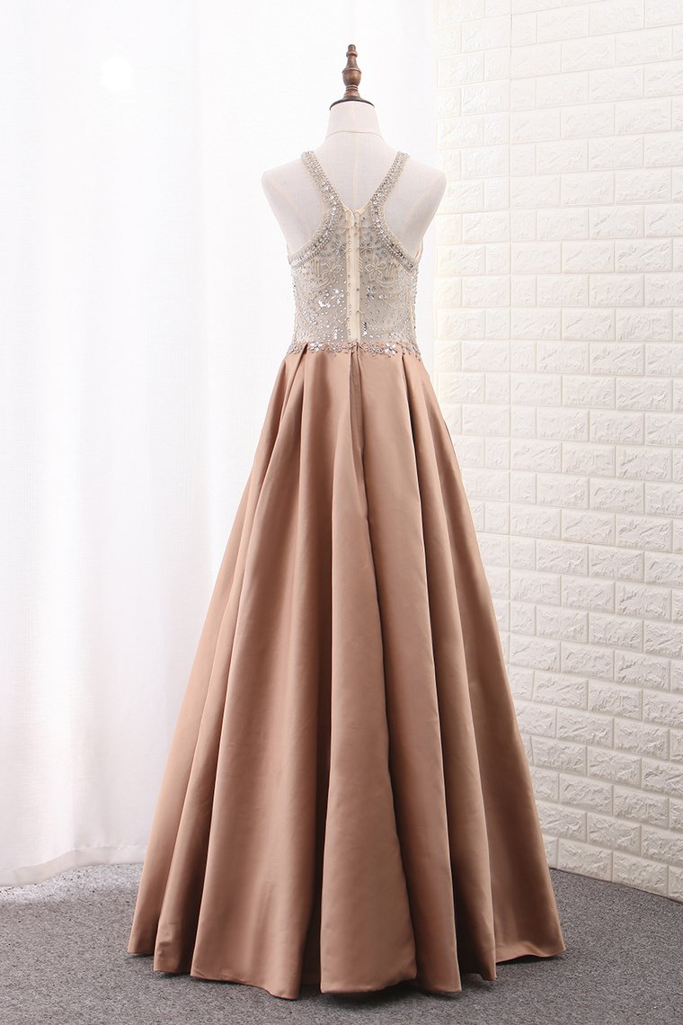 Satin Scoop A Line With Beads Sweep Train Prom Dresses