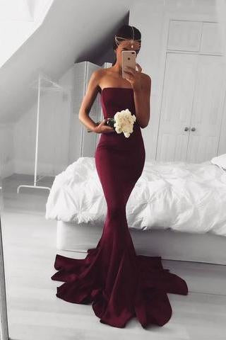 2024 New Sexy Mermaid Burgundy Long Strapless Sleeveless Floor Length Prom Dresses WK767