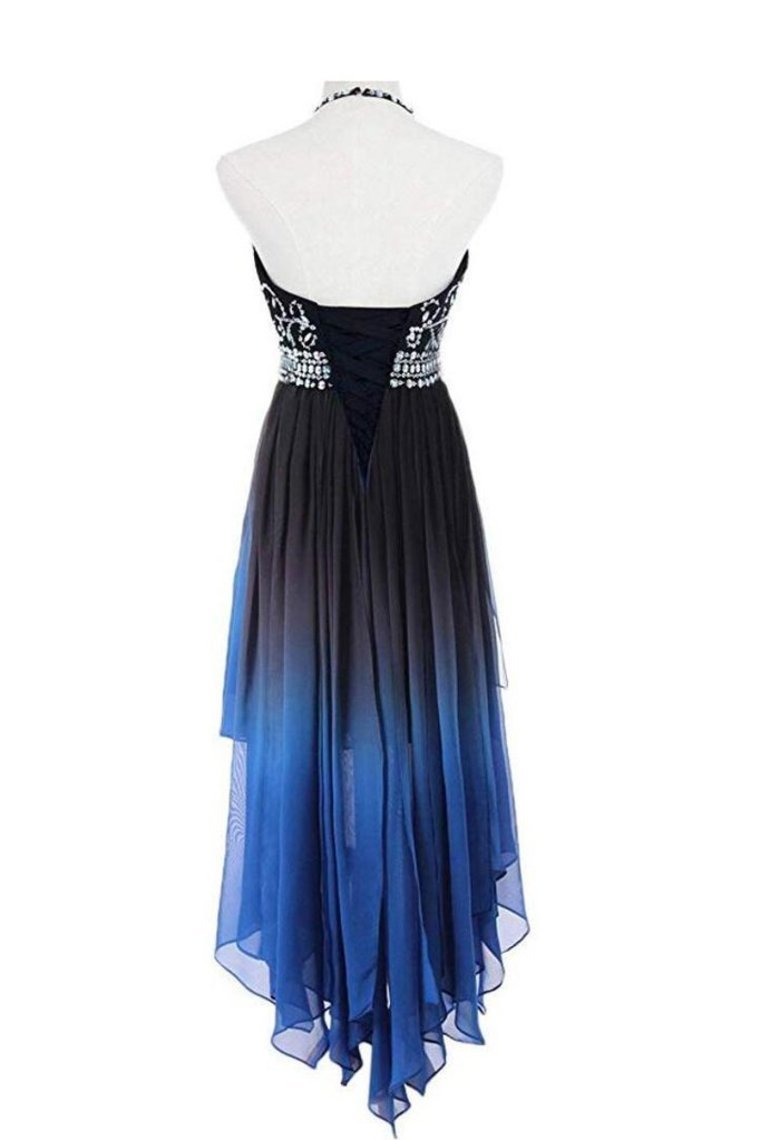 High Low A Line Halter Beaded Bodice Prom Dresees Chiffon