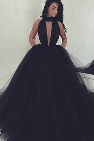 2022 Elegant Black Ball Gown Sexy Backless Long Sleeveless V-Neck Tulle Prom Dresses WK993