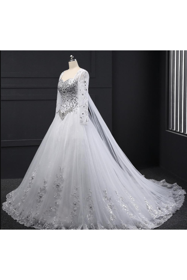Sweetheart Wedding Dresses A Line With Beading Rhinestones Tulle Long Sleeves Chapel Train