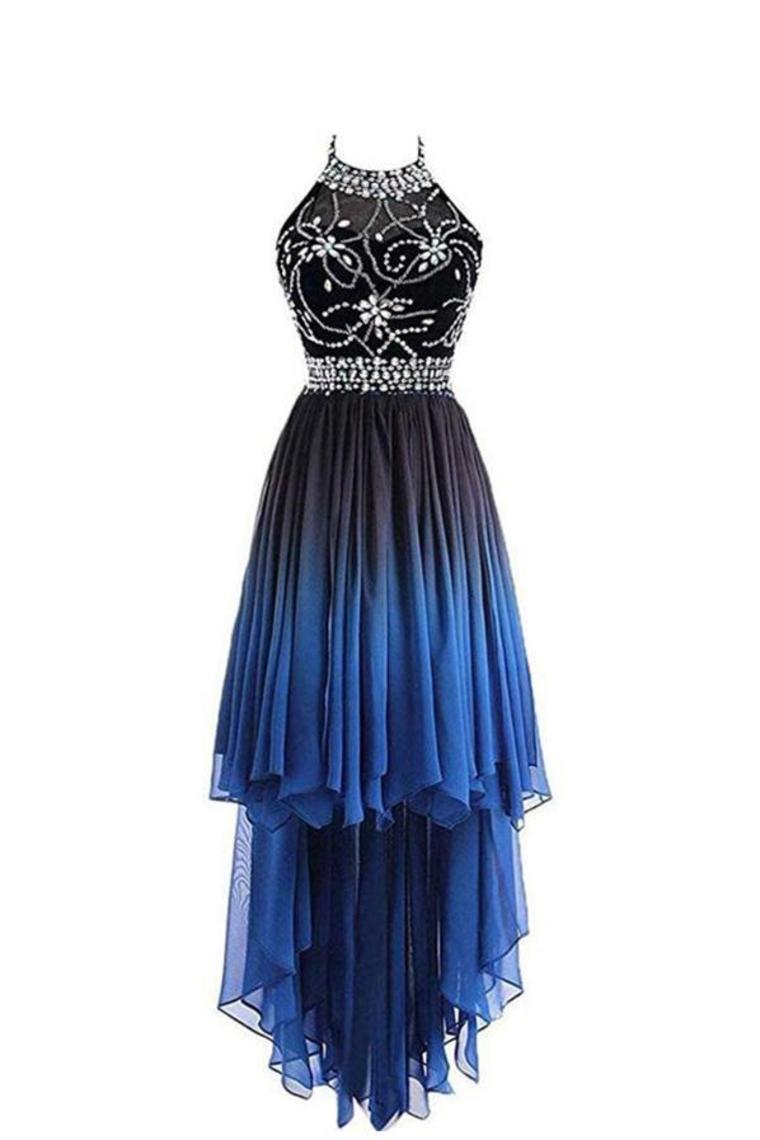 High Low A Line Halter Beaded Bodice Prom Dresees Chiffon