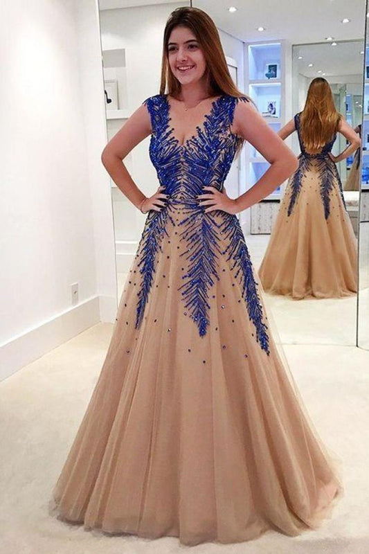 Floor Length V Neck Tulle Prom Dresses With Appliques A Line