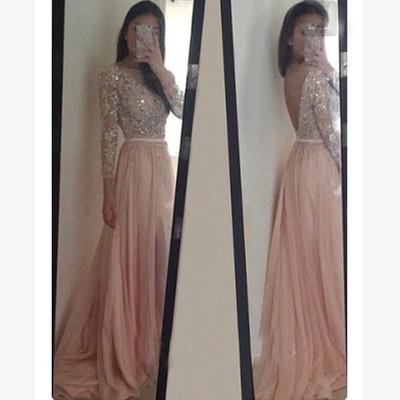 Long Sleeve Backless Long Sexy Lace Pink Beads A-Line Scoop Prom Dresses WK943