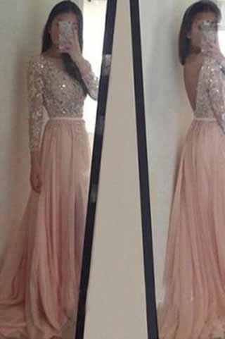 Long Sleeve Backless Long Sexy Lace Pink Beads A-Line Scoop Prom Dresses WK943