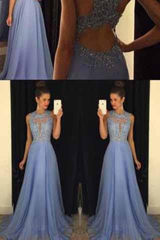 Lace Open Back Sexy Blue Chiffon Cheap A-Line Beads Sleeveless Scoop Prom Dresses WK942