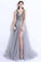 2024 New A-Line V-Neck Grey Tulle Beaded Long Sleeveless Backless Prom Dresses with Split WK884