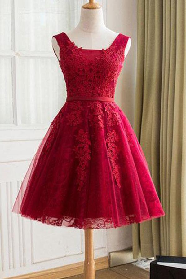 Cute A Line Red Sweetheart Lace Appliques Sleeveless Lace up Homecoming Dresses WK606