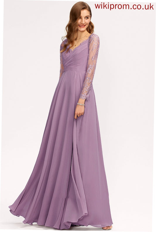 Floor-Length Lace Silhouette Straps A-Line V-neck Neckline Fabric Length Lena A-Line/Princess Spaghetti Staps Bridesmaid Dresses