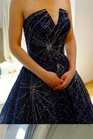 Elegant A-Line Strapless Navy Blue Sparkly Long Prom Dress WK427