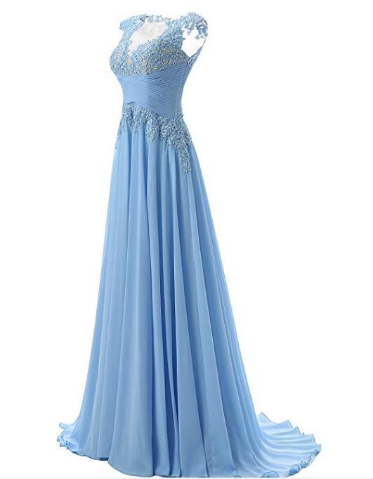 Fashion A-line Scoop Sweep Train Appliques Chiffon Sleeveless Light Blue Prom Dresses WK160