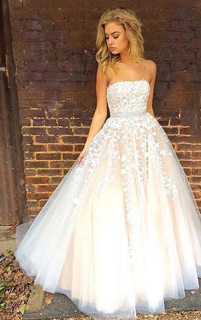 Gorgeous Strapless Sleeveless White Tulle Ball Gown Long Prom Dress Wedding Dresses WK766