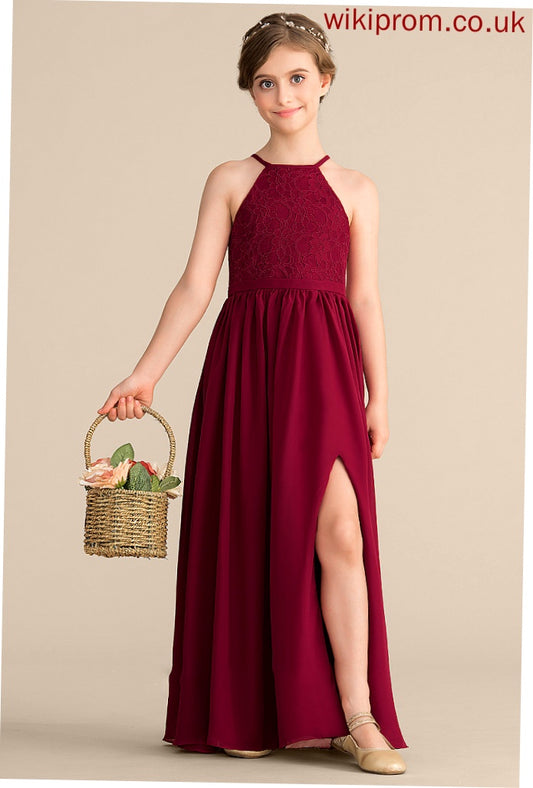 Floor-Length Front Split Chiffon Scoop A-Line Sienna Junior Bridesmaid Dresses Lace Neck With