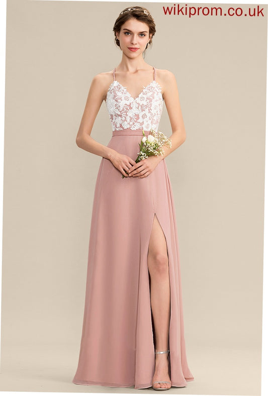 Floor-Length Lace Prom Dresses Front With Split Chiffon V-neck Carley A-Line