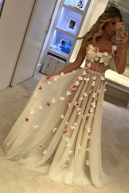 2024 A-Line Tulle Sweetheart Spaghetti Straps Pretty Appliques Backless Prom Dresses WK344