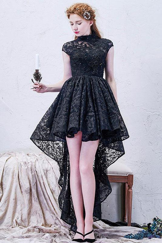A-line High Neck Asymmetrical Lace Black Open Back High Low Modern Prom Dresses WK778