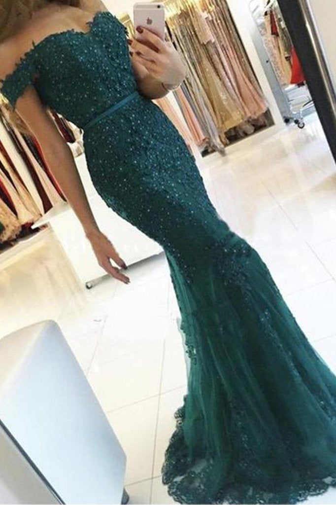 Elegant Emerald Green Off Shoulder Lace Mermaid Beads Sweetheart Prom Dresses WK412