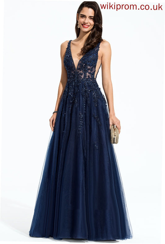Floor-Length Beading With Sequins V-neck Lace Tiffany Prom Dresses A-Line Tulle