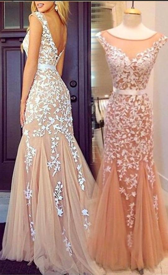 Cap Sleeves Mermaid Round Neckline Appliques Tulle Backless Lace Prom Dresses WK426