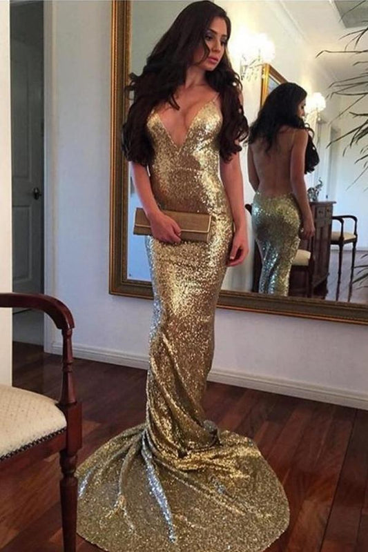 Sequin Mermaid Long Gold Sexy Deep V-Neck Spaghetti Strap Backless Sparkly Prom Dresses WK371