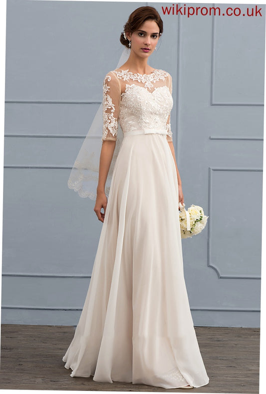 Floor-Length Chiffon Elsie Wedding Dresses Beading Wedding Sequins Bow(s) A-Line Dress With Illusion
