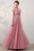 Chic A-Line Off-the-Shoulder Pink Appliques Lace-up Tulle Modest Long Prom Dresses WK410