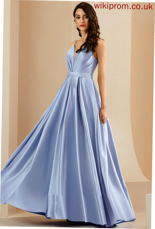 Floor-Length Ball-Gown/Princess Satin Melody Pockets Ruffle V-neck With Prom Dresses
