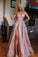 Spaghetti Strap V Neck Rose Gold Sequins Prom Dresses Sexy Side Slit Prom Dresses WK895