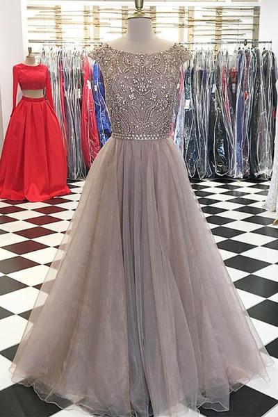 Gray organza beading rhinestone round neck A-line prom dresses