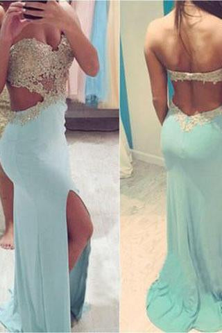 Sexy Slit Long Sweetheart Backless Strapless Green Mermaid Beads Prom Dresses WK973