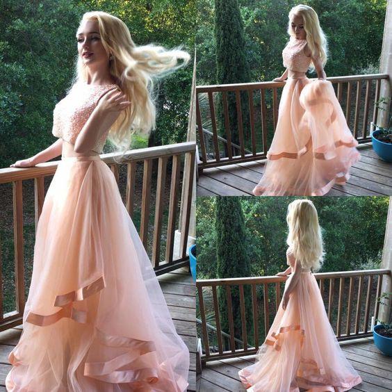 Blush Pink Beaded Two Pieces Fashion Sexy Party Dress Custom Made Prom Dresses WK757