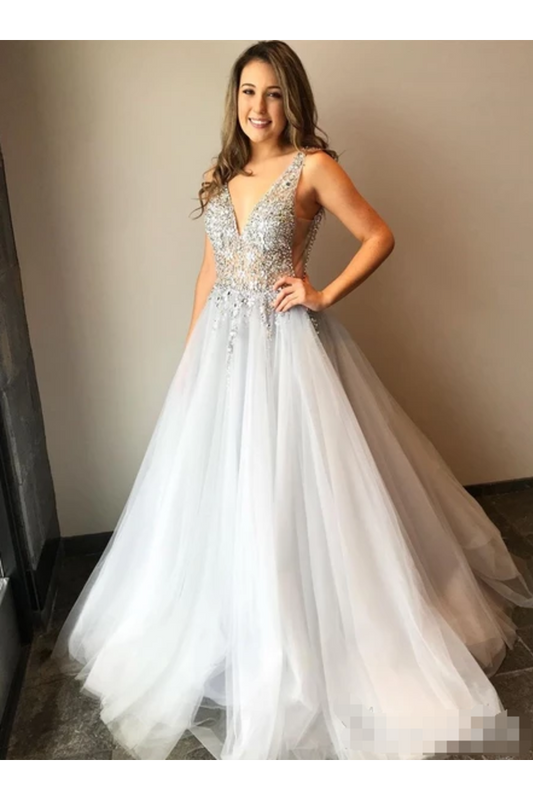 Tulle V Neck Ball Gown With Re-Embroidered Lace Appliques Prom/Wedding Dresses