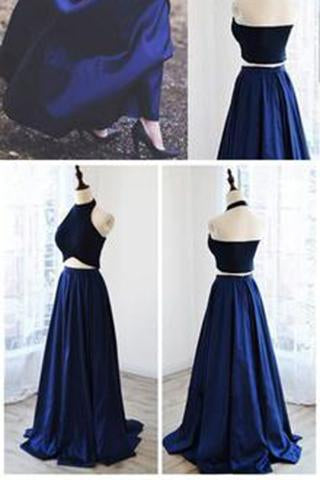 Newest Halter A-Line Two Piece Simple Navy Blue Satin Backless Sleeveless Evening Dresses WK56
