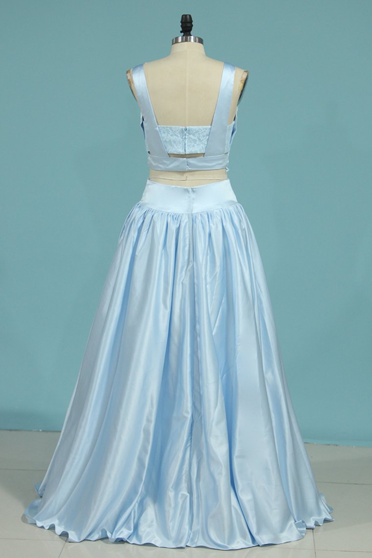 V Neck Two-Piece Prom Dresses A Line Satin With Beads Floor Length