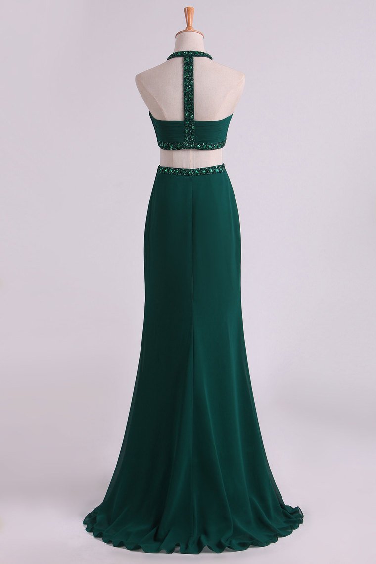 Sexy Open Back Prom Dresses Scoop Chiffon With Ruffles And Beads