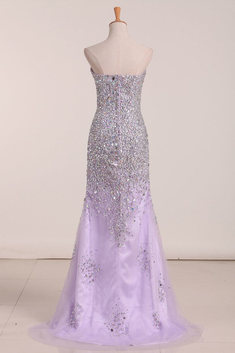 Sweetheart Beaded Bodice With High Slit Tulle Prom Dress